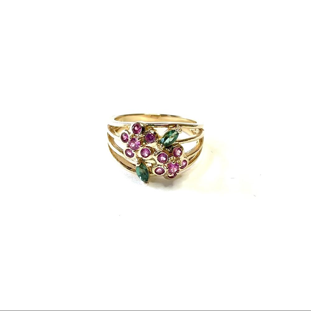 Pretty Gold Over Sterling Silver 925 Pink and Green Rhinestone Ring Size 7.75